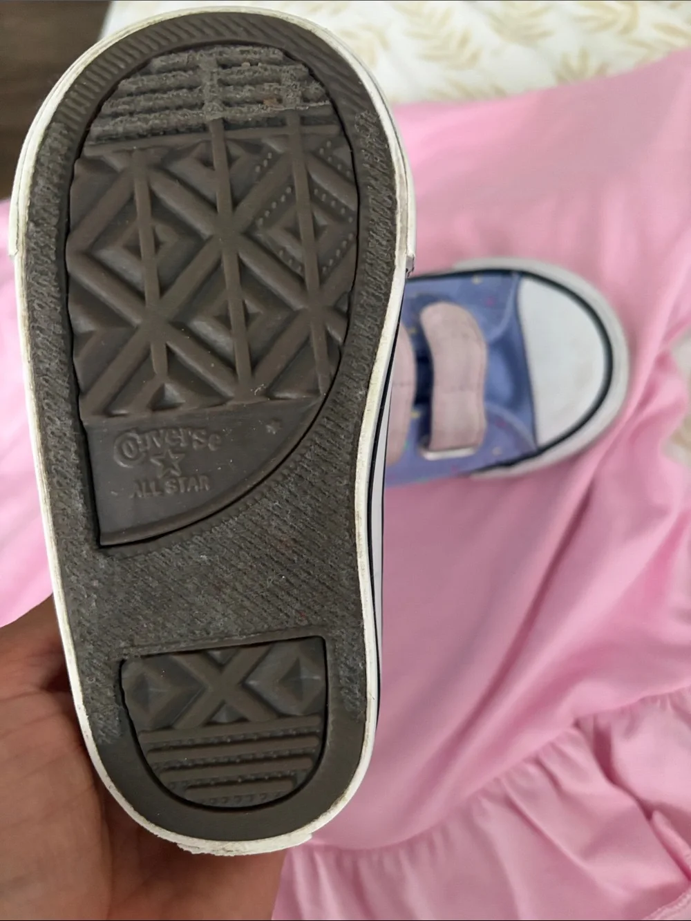 Converse Kids Lavender Canvas Sneakers with Pink Velcro Straps and Polka Dots